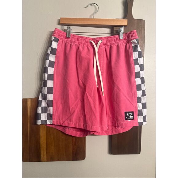 Quicksilver pink checkerboard Drawswing Lined Stretch Elastic Waist Swim Trunks - Picture 1 of 3
